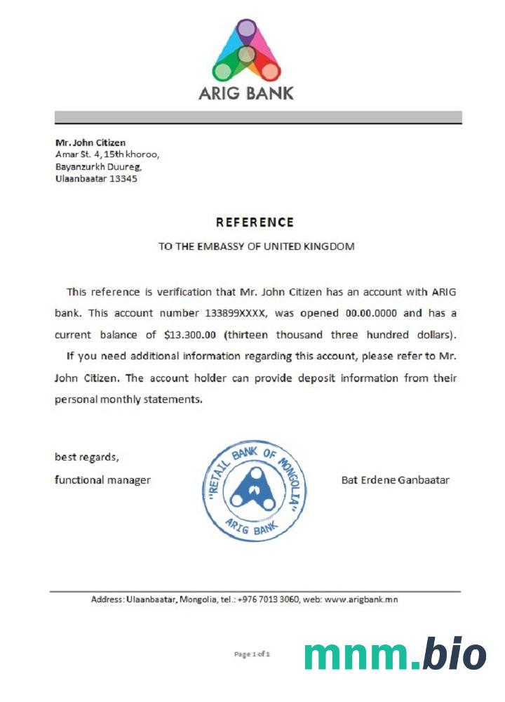 Mongolia Arig bank przykład odniesienia w formatach Word i PDF
